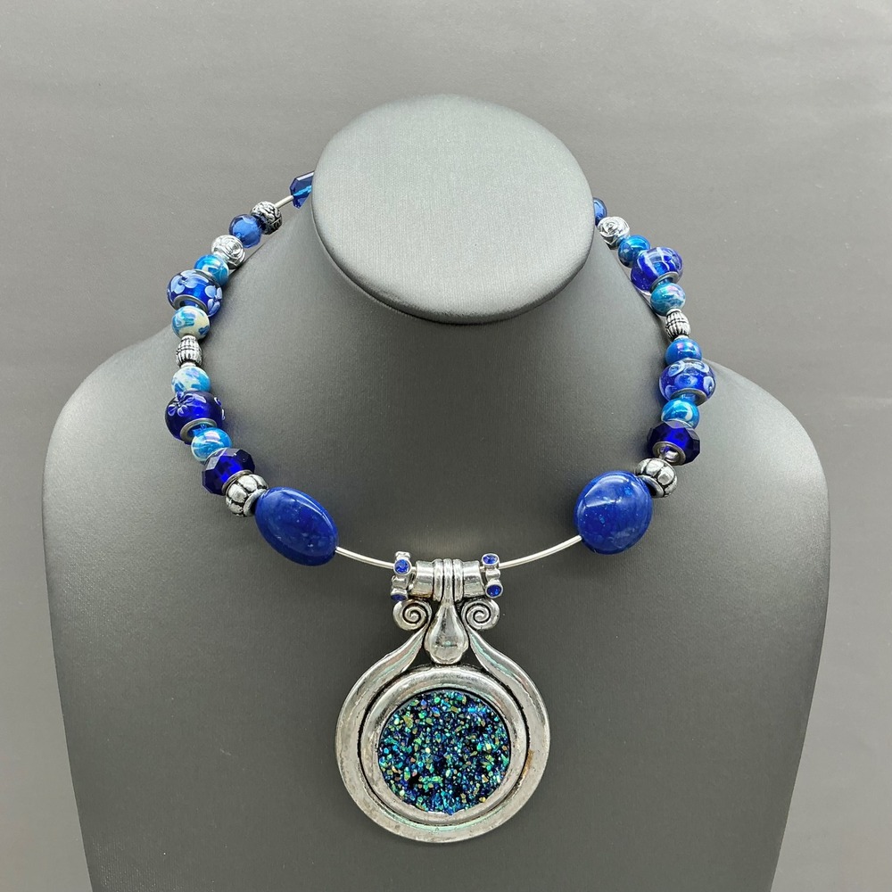 Beaded Pendant Necklace Womens Blue Silver Tone Druzy Glass Lampwork Statement